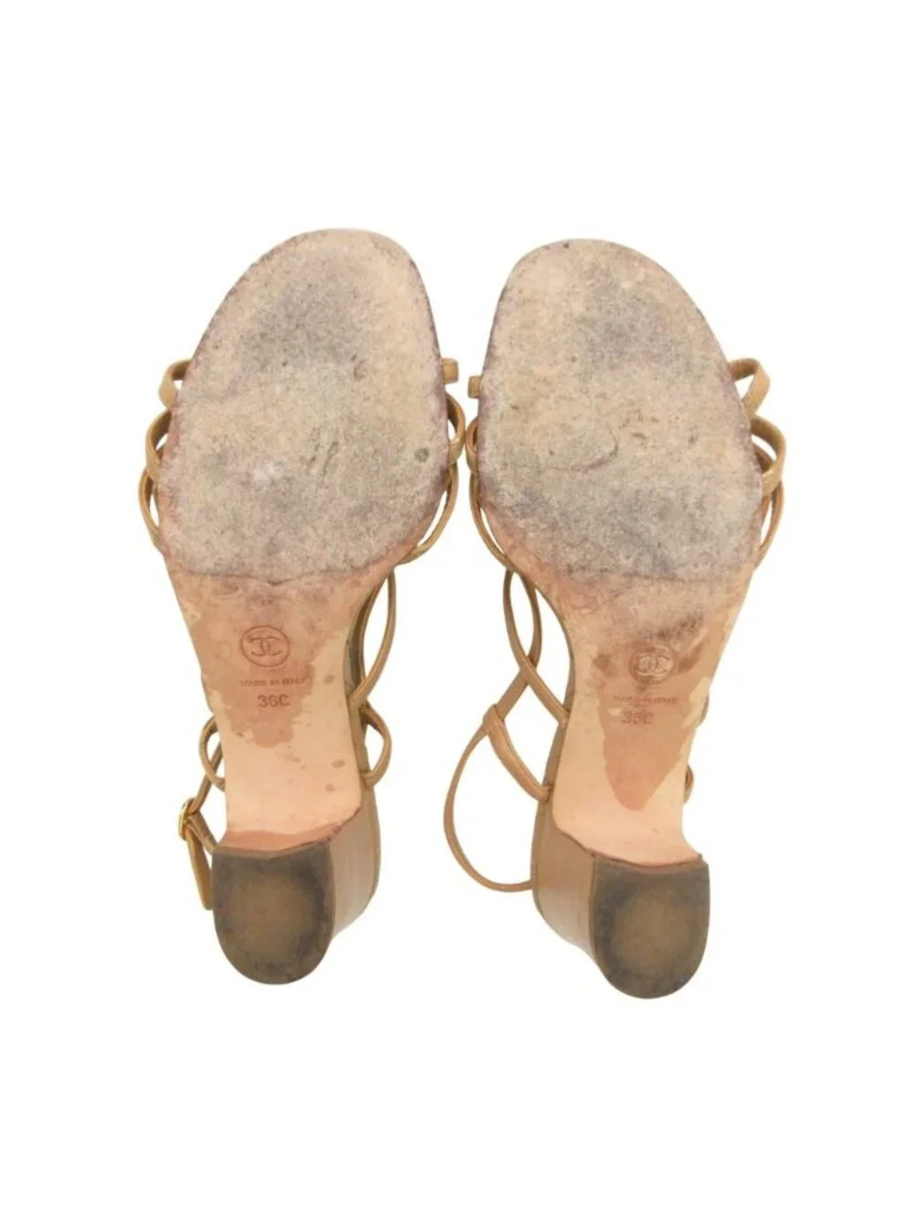 Chanel Sandals Leather Quilted Gold CC Logo Beige